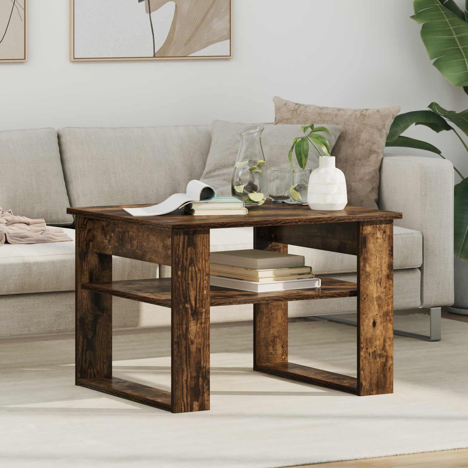 Sofabord i røget eg - konstrueret træ, 64 × 54 × 44 cm med hylde