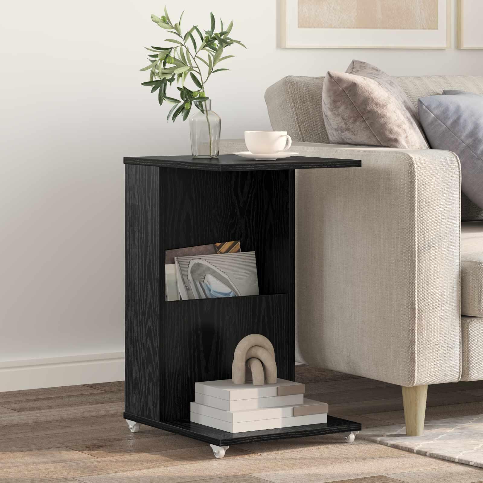 Sidebord med hjul Sort eg 40 x 35 x 60 cm Konstrueret træ billede