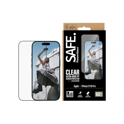 PanzerGlass SAFE. skærmbeskytter til iPhone 16 Pro/17 - sort ramme, Ultra-Wide Fit