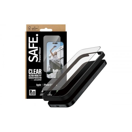 PanzerGlass SAFE. skærmbeskytter til iPhone 16 Pro/17 - sort ramme, Ultra-Wide Fit