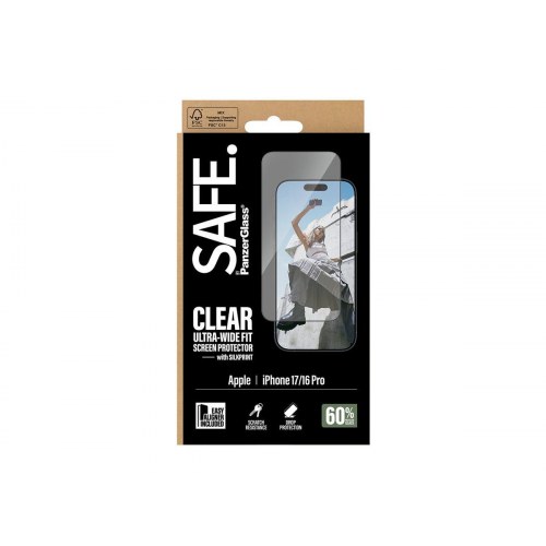 PanzerGlass SAFE. skærmbeskytter til iPhone 16 Pro/17 - sort ramme, Ultra-Wide Fit
