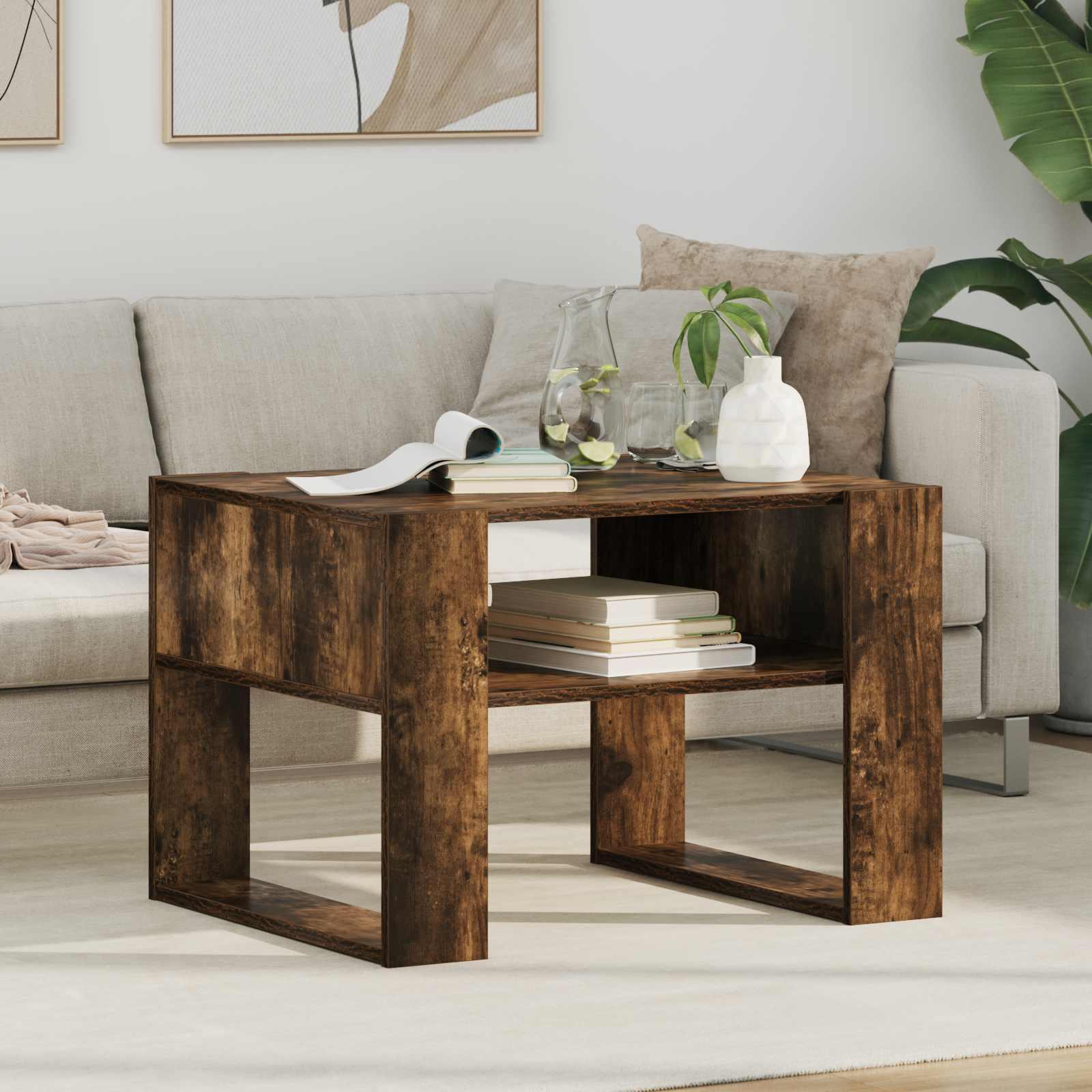 Sofabord i røget eg - konstrueret træ, 66 × 53 × 45 cm med hylde