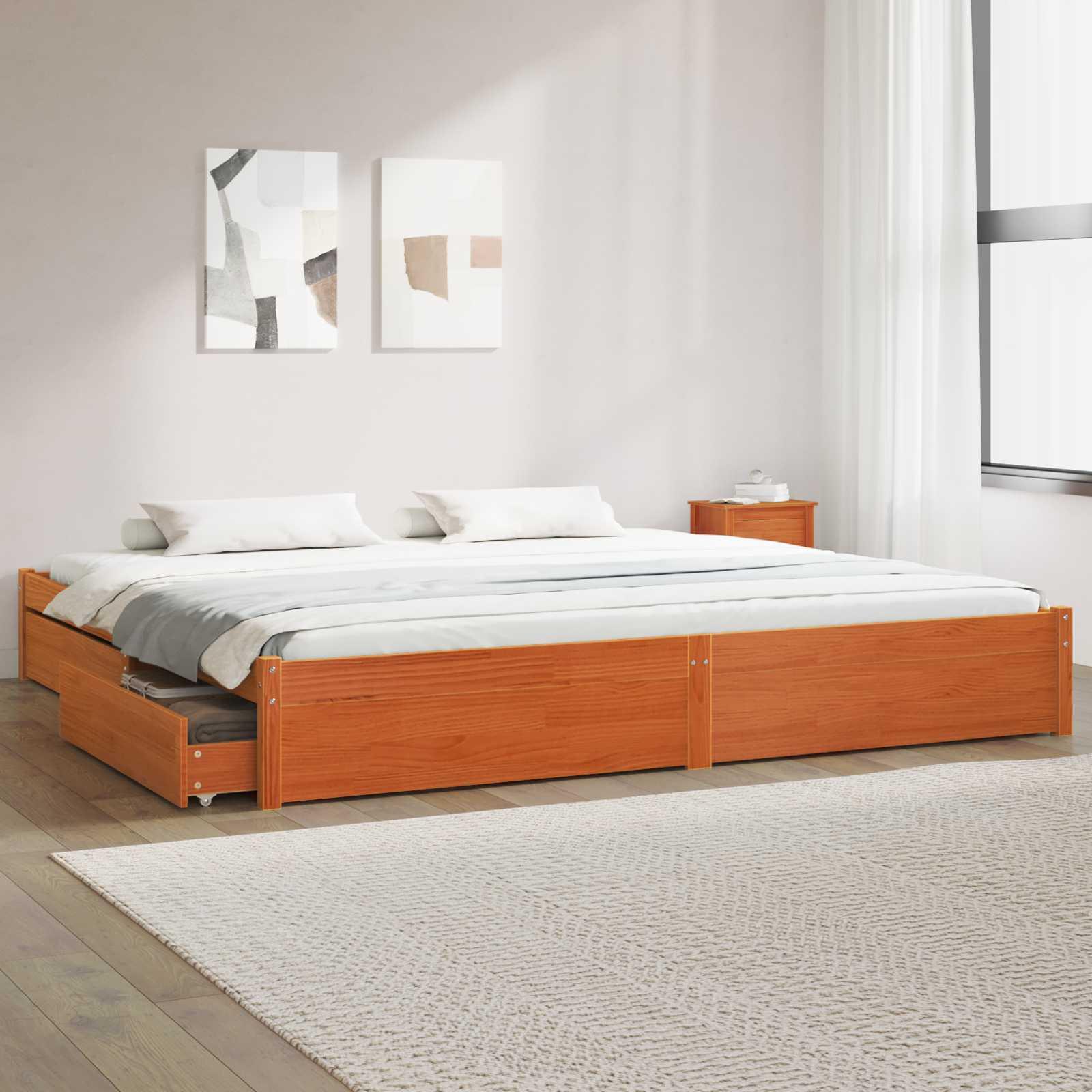 Sengestel med skuffe Voks brun 180 x 200 cm Massivt fyrretræ billede