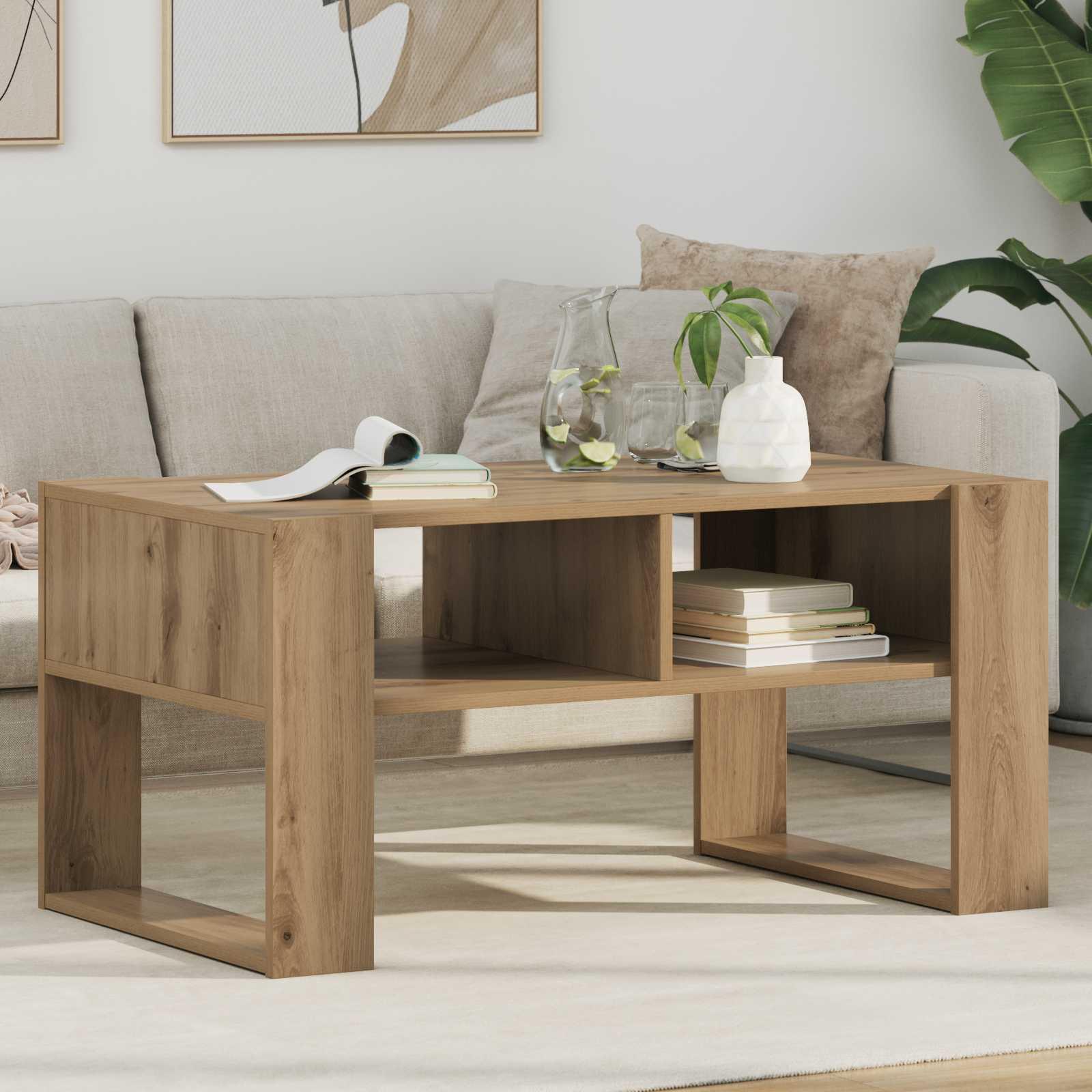 Sofabord i artisan egetræ - 92 × 53 × 45 cm, konstrueret træ med hylder