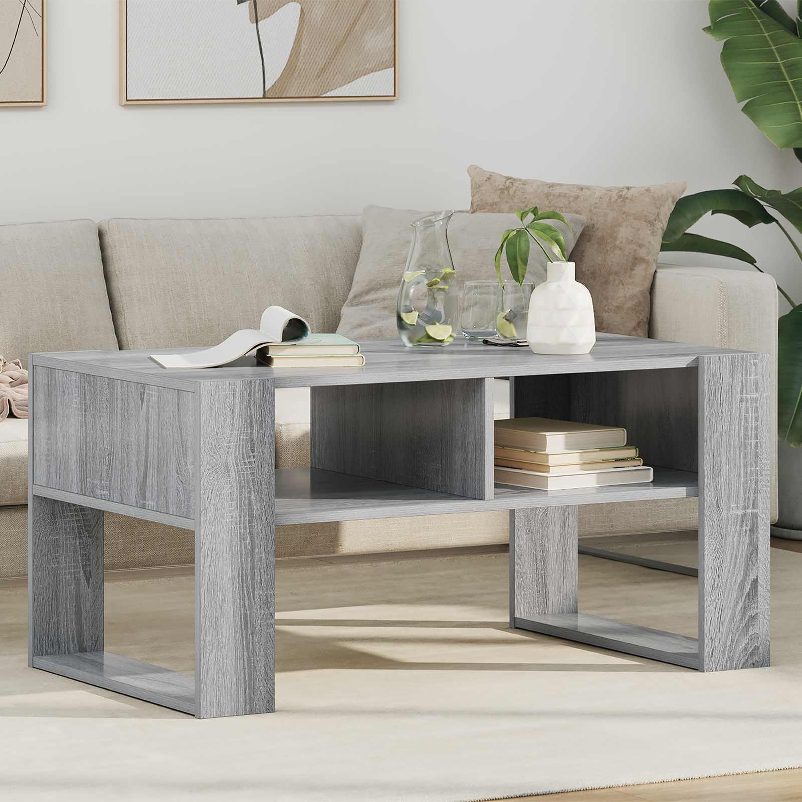Sofabord i grå sonoma - 92 × 53 × 45 cm, konstrueret træ med hylder