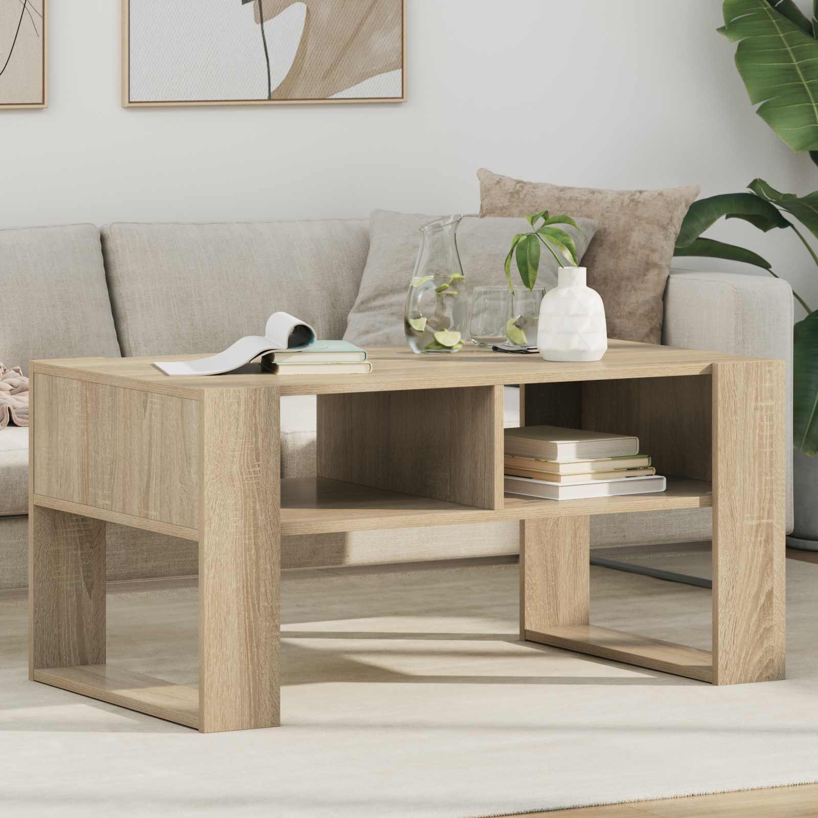 Sofabord i sonoma eg - 92 × 53 × 45 cm, konstrueret træ med hylder