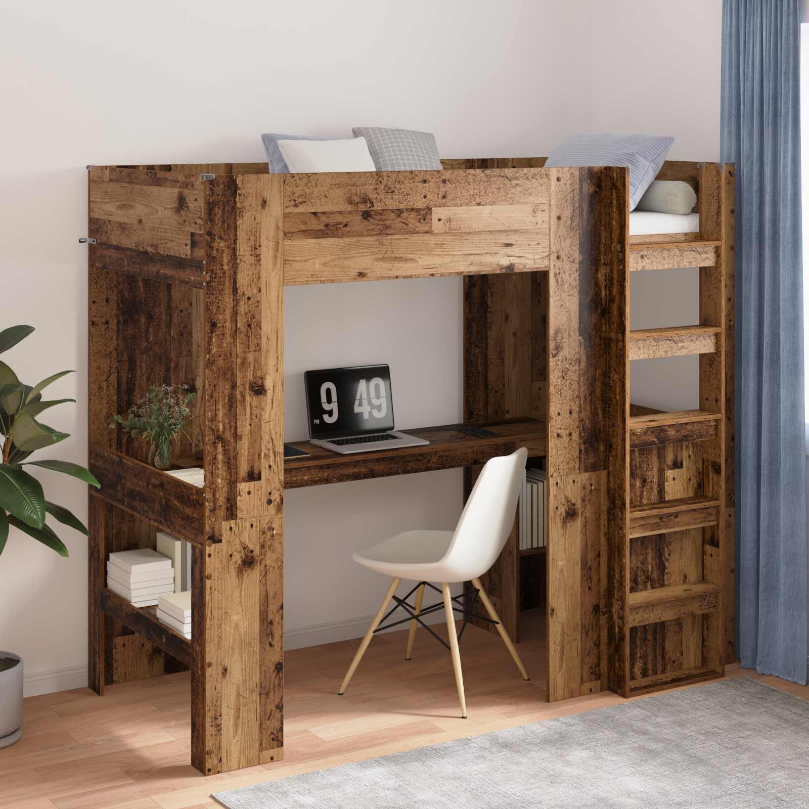 Loft Sengestel med Skrivebord Gammelt træ 100 x 200 cm billede
