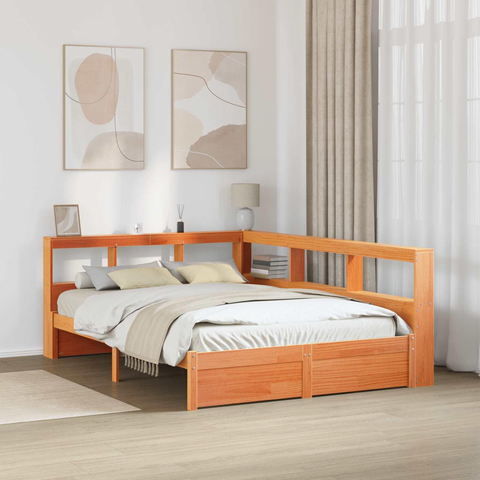 Bogreol-seng med hylder, voks brun, 200 × 140 cm, massivt fyrretræ (2 stk)