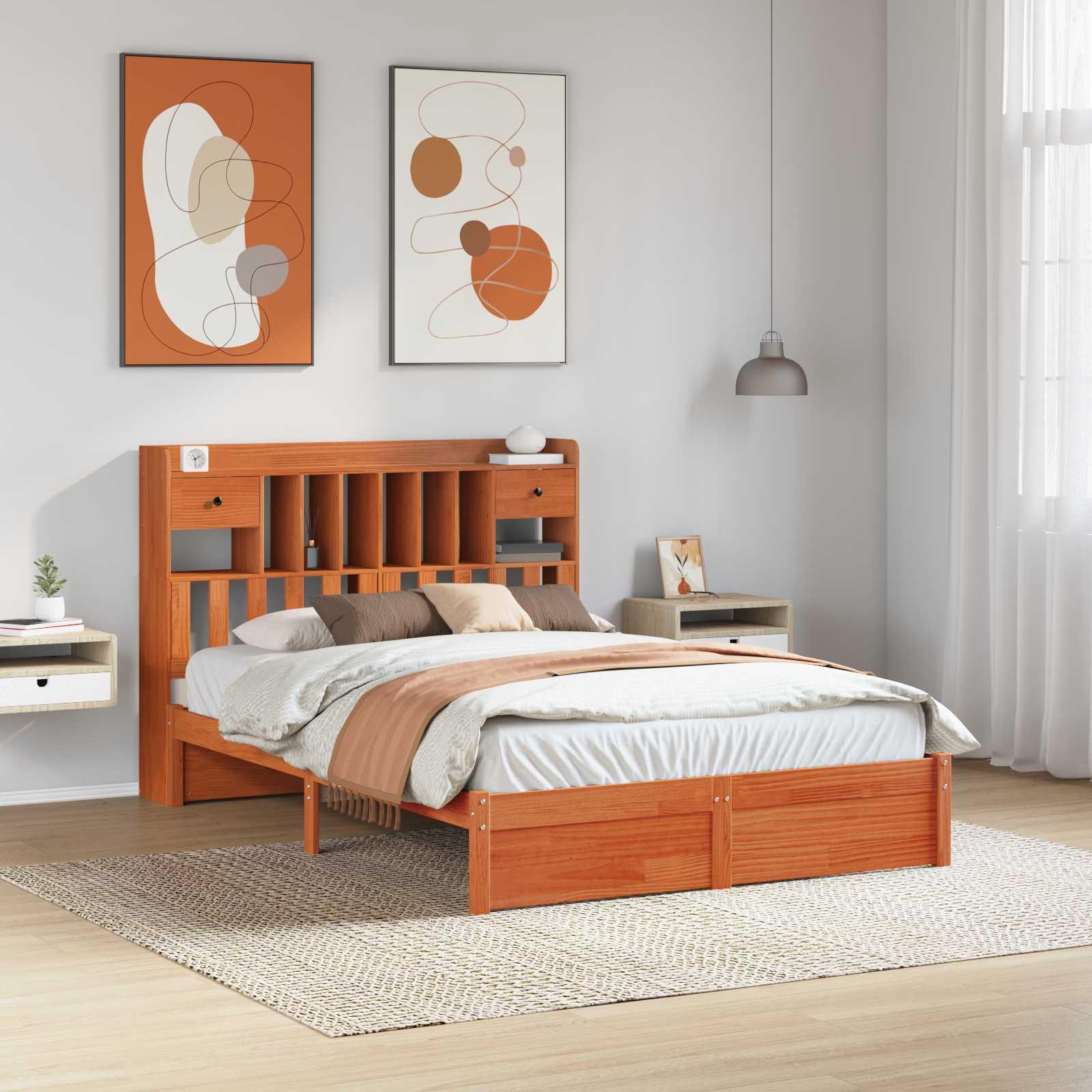 Bogreol Sengramme 2 stk Voks brun 200 x 160 cm Massivt fyrretræ billede