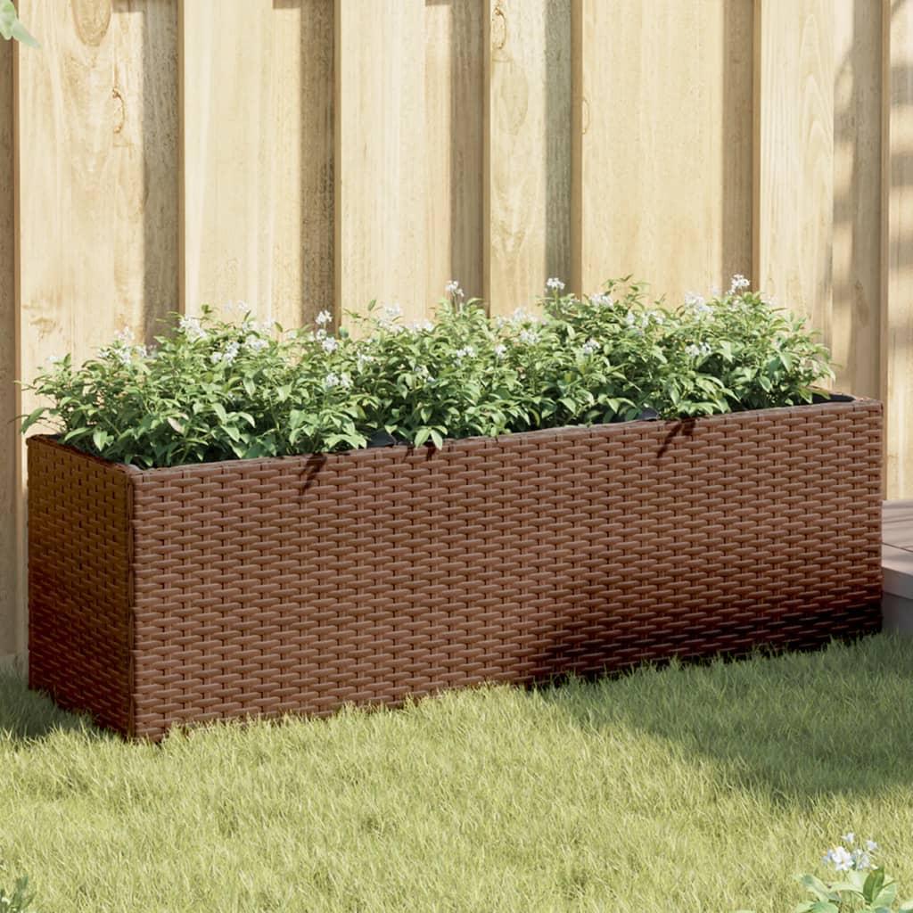 Plantekasse med 3 krukker 105x30x32 cm polyrattan brun billede