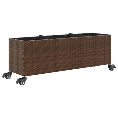 Plantekasse med hjul og 3 krukker 107x32x38 cm polyrattan brun