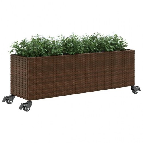 Plantekasse med hjul og 3 krukker 107x32x38 cm polyrattan brun