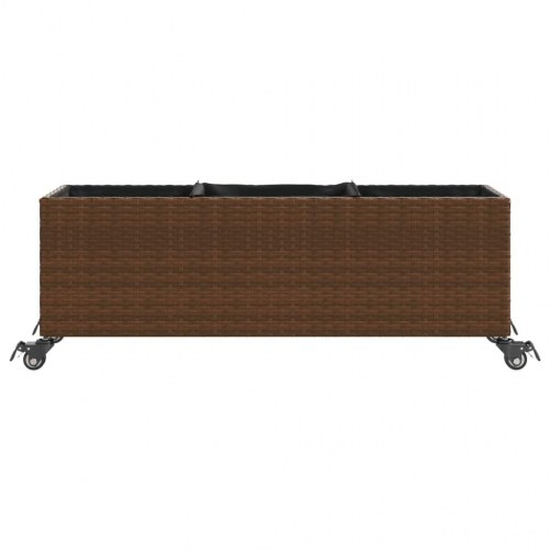 Plantekasse med hjul og 3 krukker 107x32x38 cm polyrattan brun