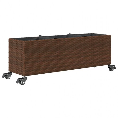 Plantekasse med hjul og 3 krukker 107x32x38 cm polyrattan brun