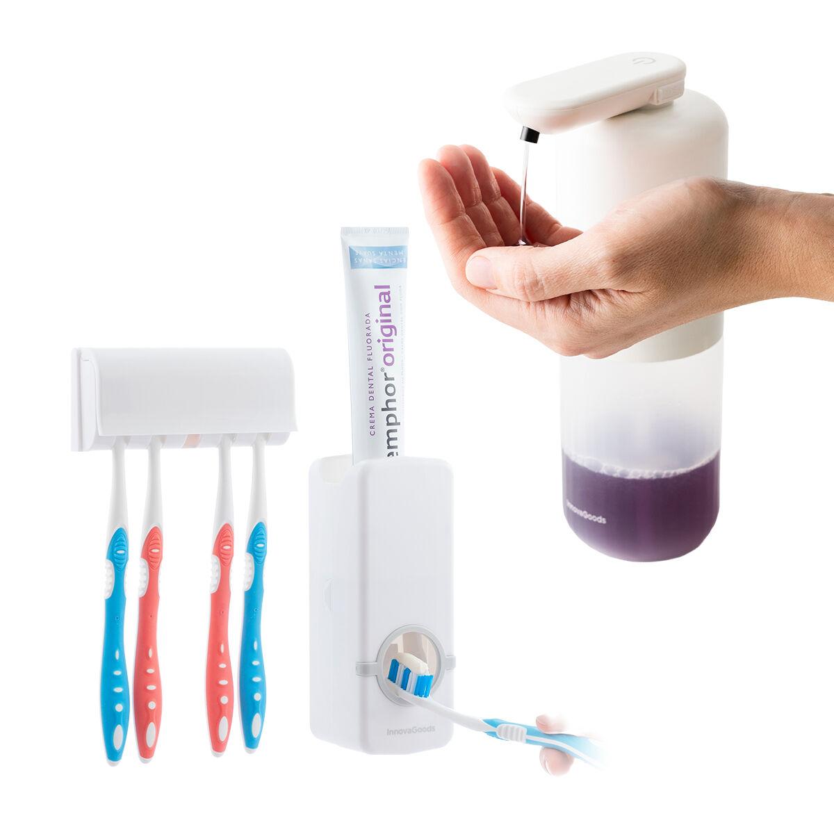 Pakke - tandpastadispenser med tandbørsteholder + automatisk genopladelig sæbedispenser, hvid/grå billede