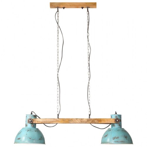 Pendel med 2 skærme i jern og mangotræ - E27, 25 W, patineret blå, 85 × 28 × 109 cm