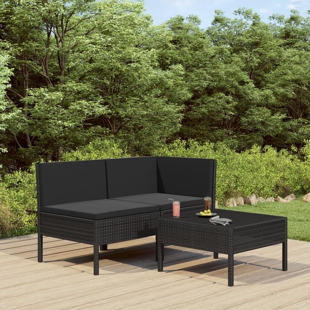 Loungesæt til haven 3 dele med hynder polyrattan sort