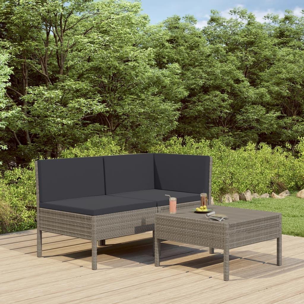 Loungesæt til haven 3 dele med hynder polyrattan grå