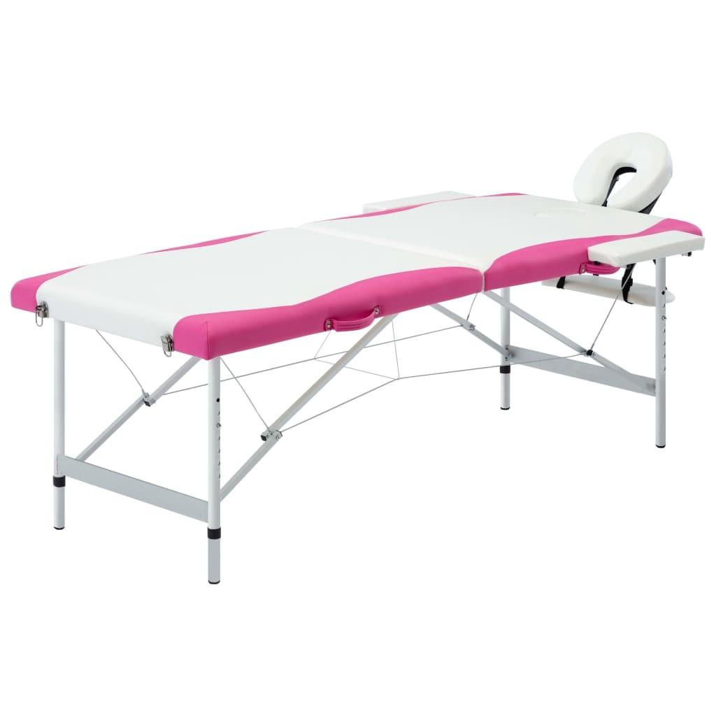 Sammenfoldeligt massagebord aluminiumsstel 2 zoner hvid lyserød