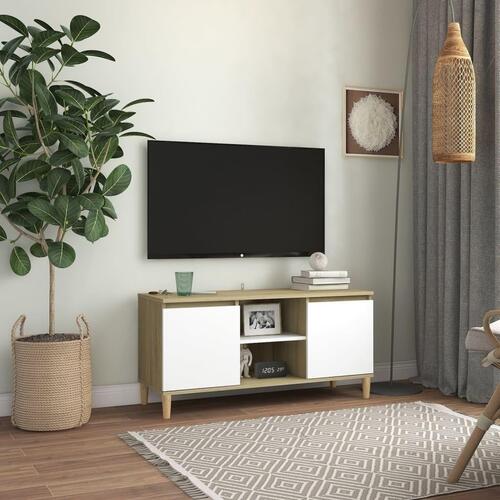 Tv-bord med massive træben 103,5x35x50 cm hvid og sonoma-eg
