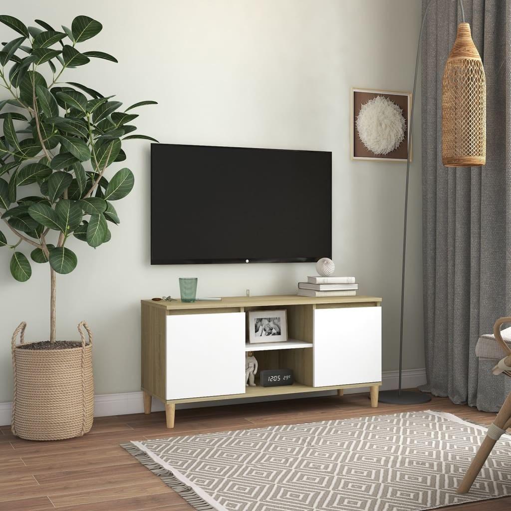 Tv-bord med massive træben 103,5x35x50 cm hvid og sonoma-eg