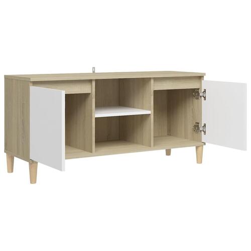 Tv-bord med massive træben 103,5x35x50 cm hvid og sonoma-eg