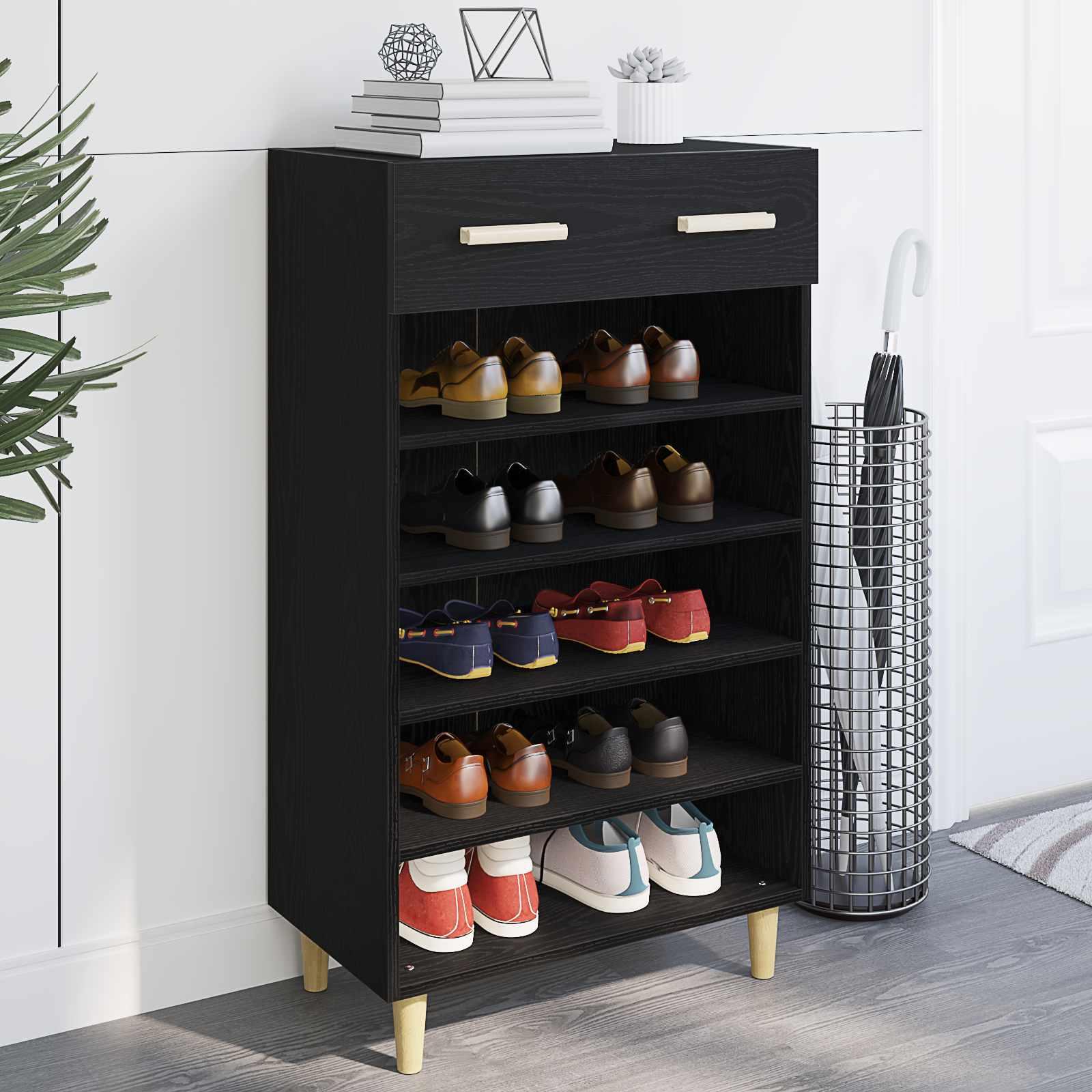 Sko skab med skuffe Sort eg 60 x 35 x 105 cm Konstrueret træ billede