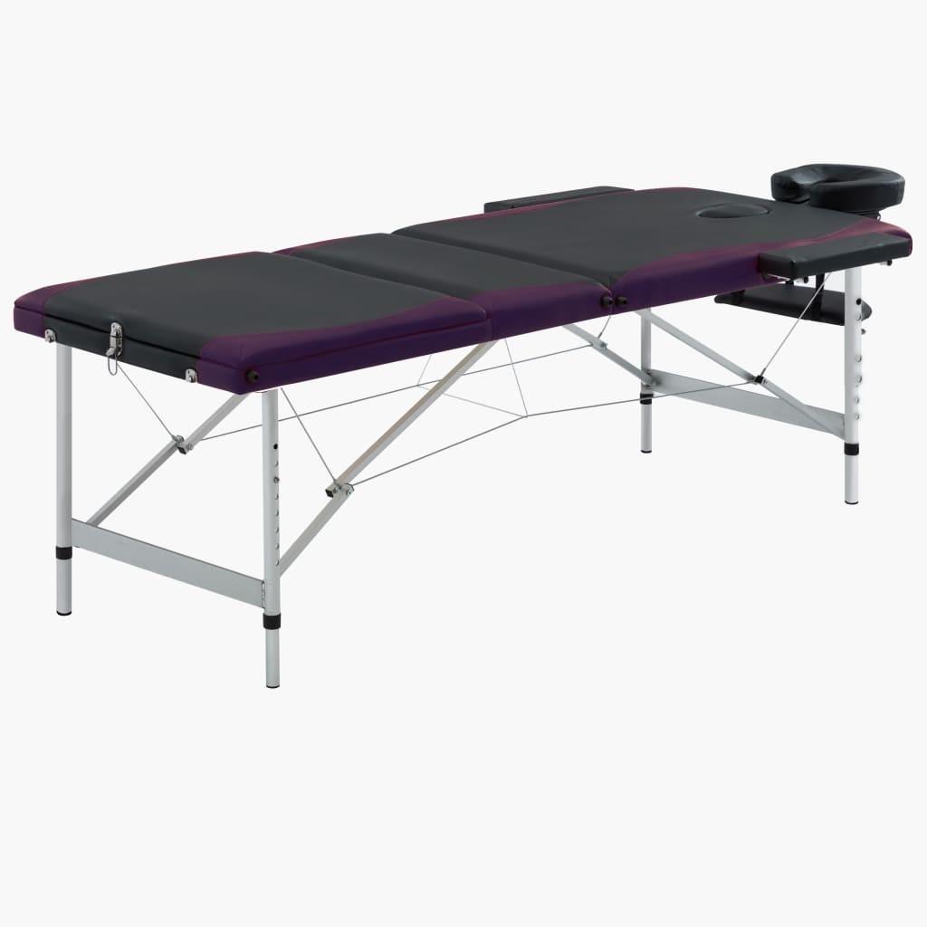 Sammenfoldeligt massagebord aluminiumsstel 3 zoner sort lilla