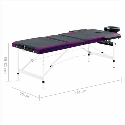 Sammenfoldeligt massagebord aluminiumsstel 3 zoner sort lilla