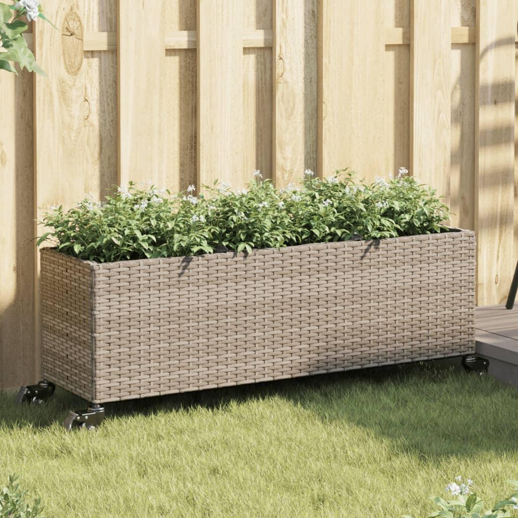 Plantekasse med hjul og 3 krukker 107 x 32 x 38 cm polyrattan grå billede