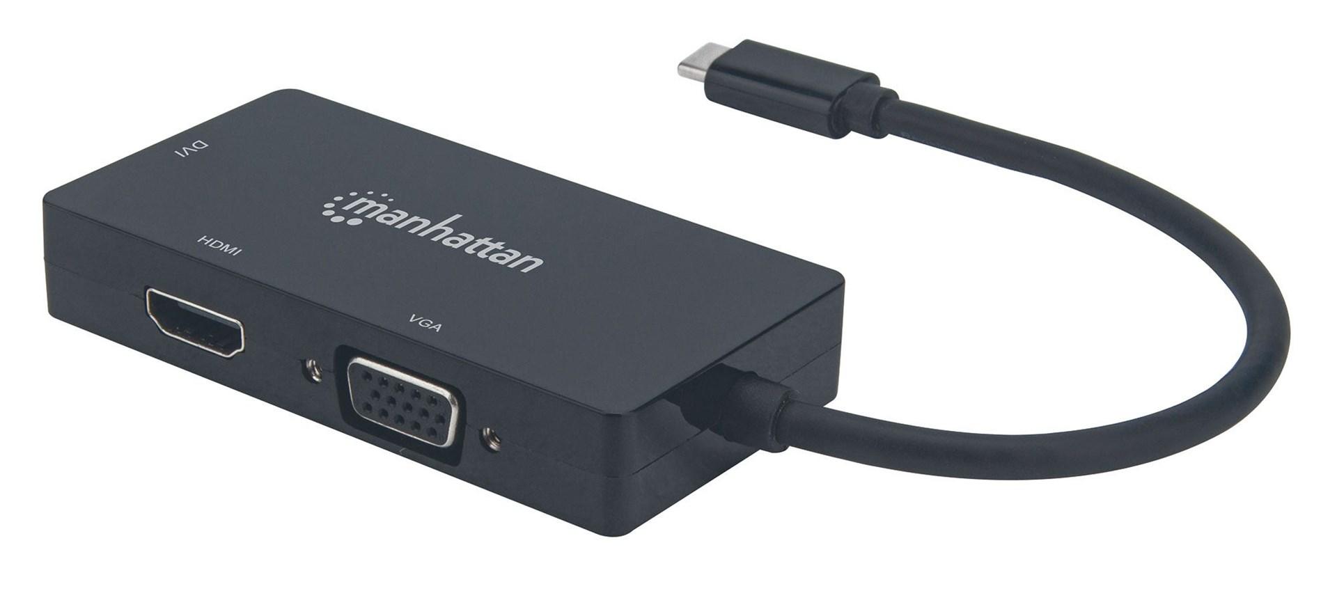 Manhattan USB-C til DVI/HDMI/VGA adapter – 10 cm kabel, sort billede