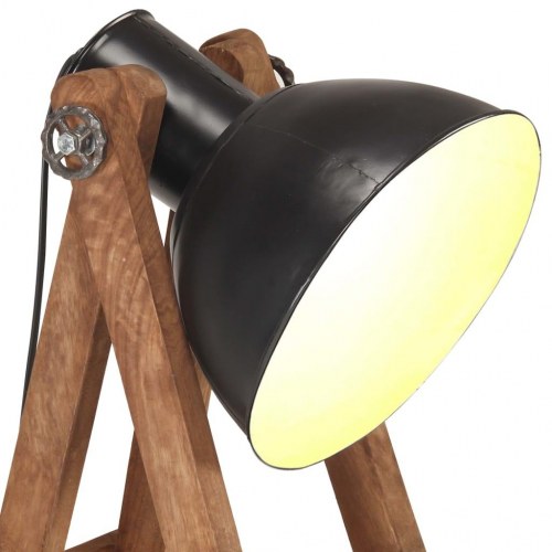 Gulvlampe E27 i massivt mangotræ - sort skærm, vinkeljusterbar