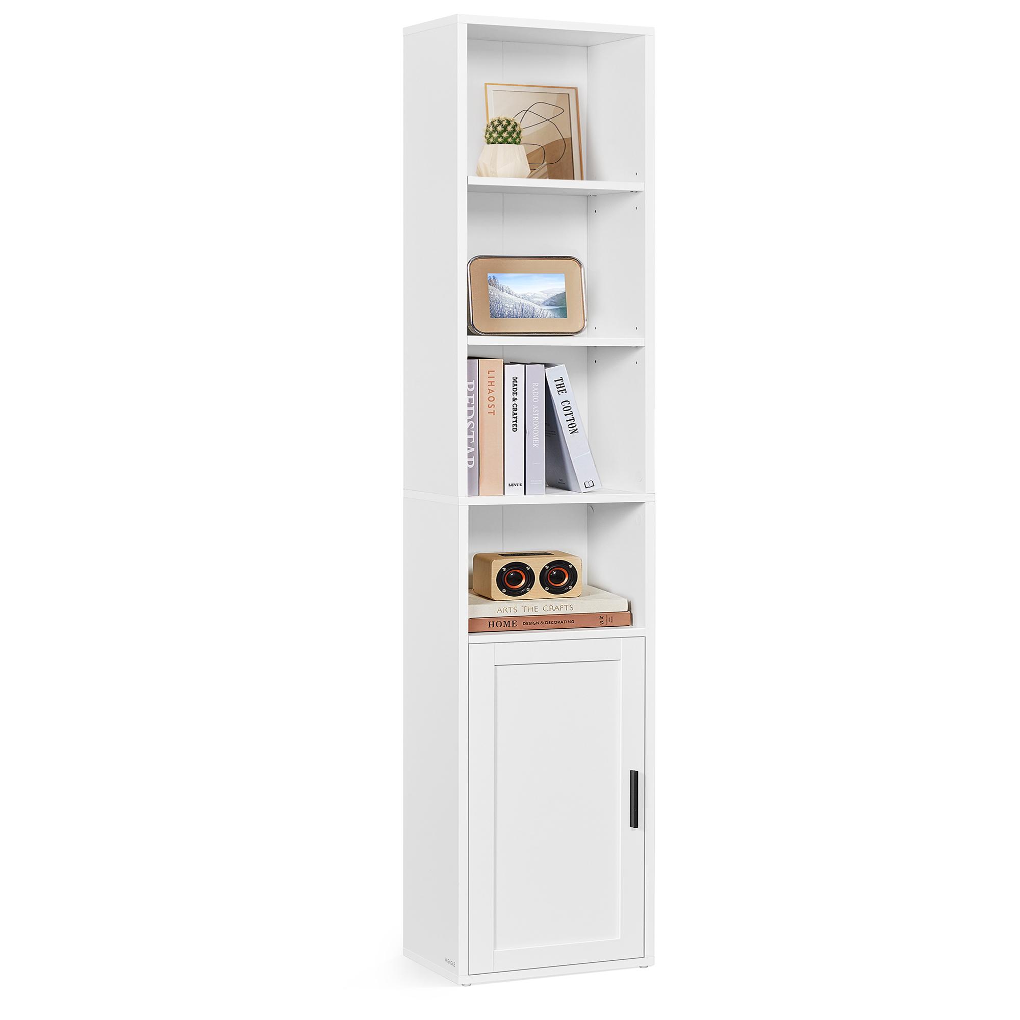 Høj smal bogreol med låge - 6 niveauer, justerbare hylder, 24 × 31,8 × 175 cm - cloud hvid