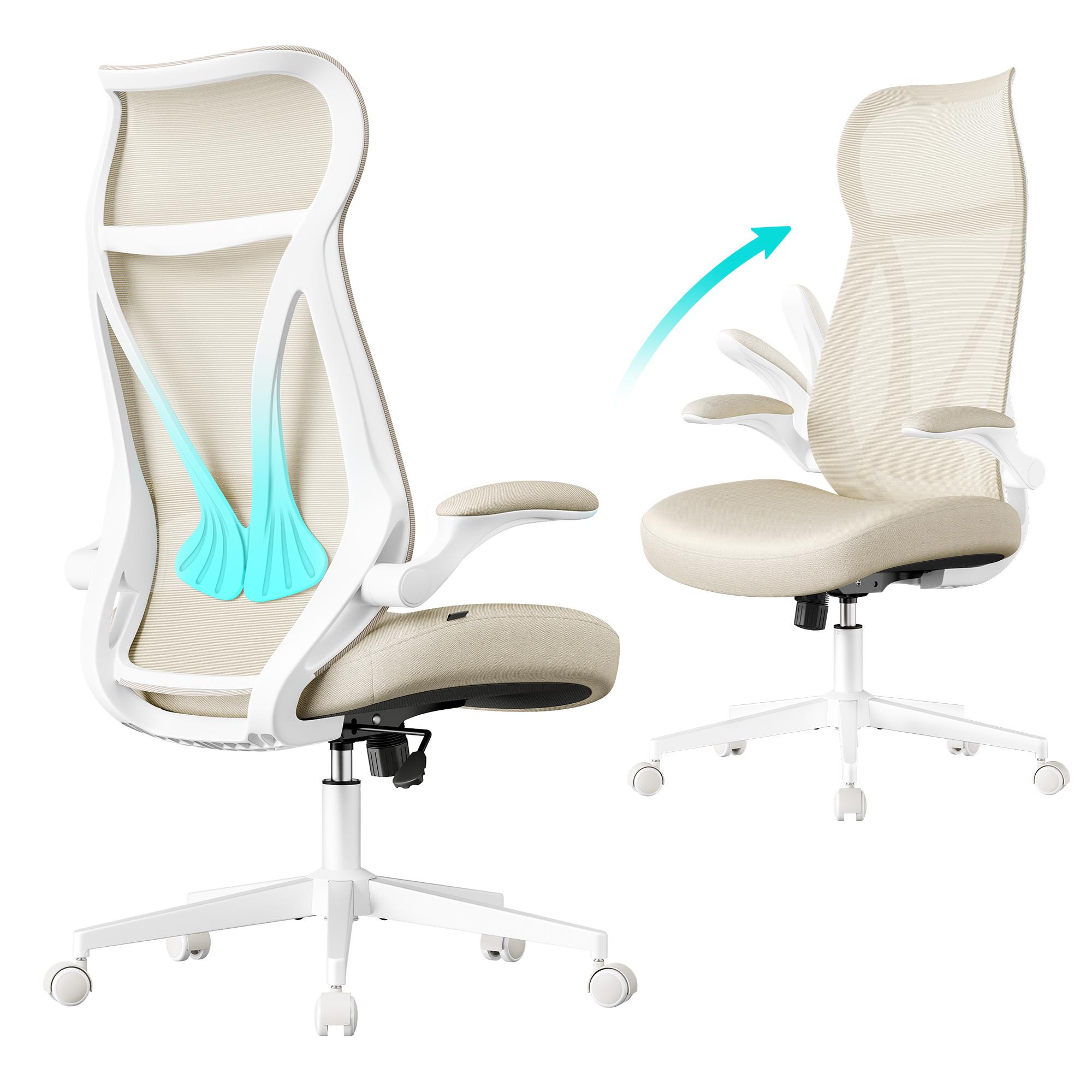 Kontorstol med ergonomisk ryglæn og hovedstøtte – højdejusterbar drejestol med opklappelige armlæn, cappuccino beige (maks. 150 kg)