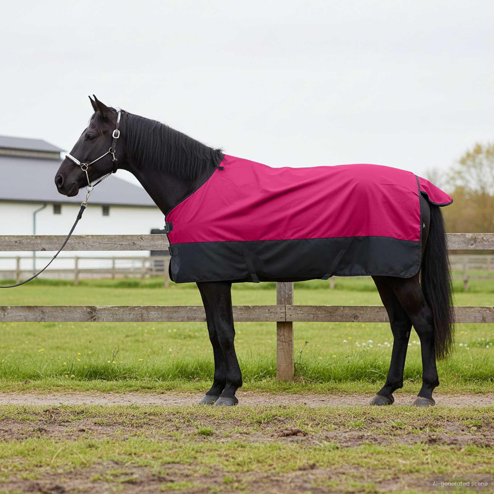 Hestetæppe 155 cm - pink/sort, vandtæt polyester billede