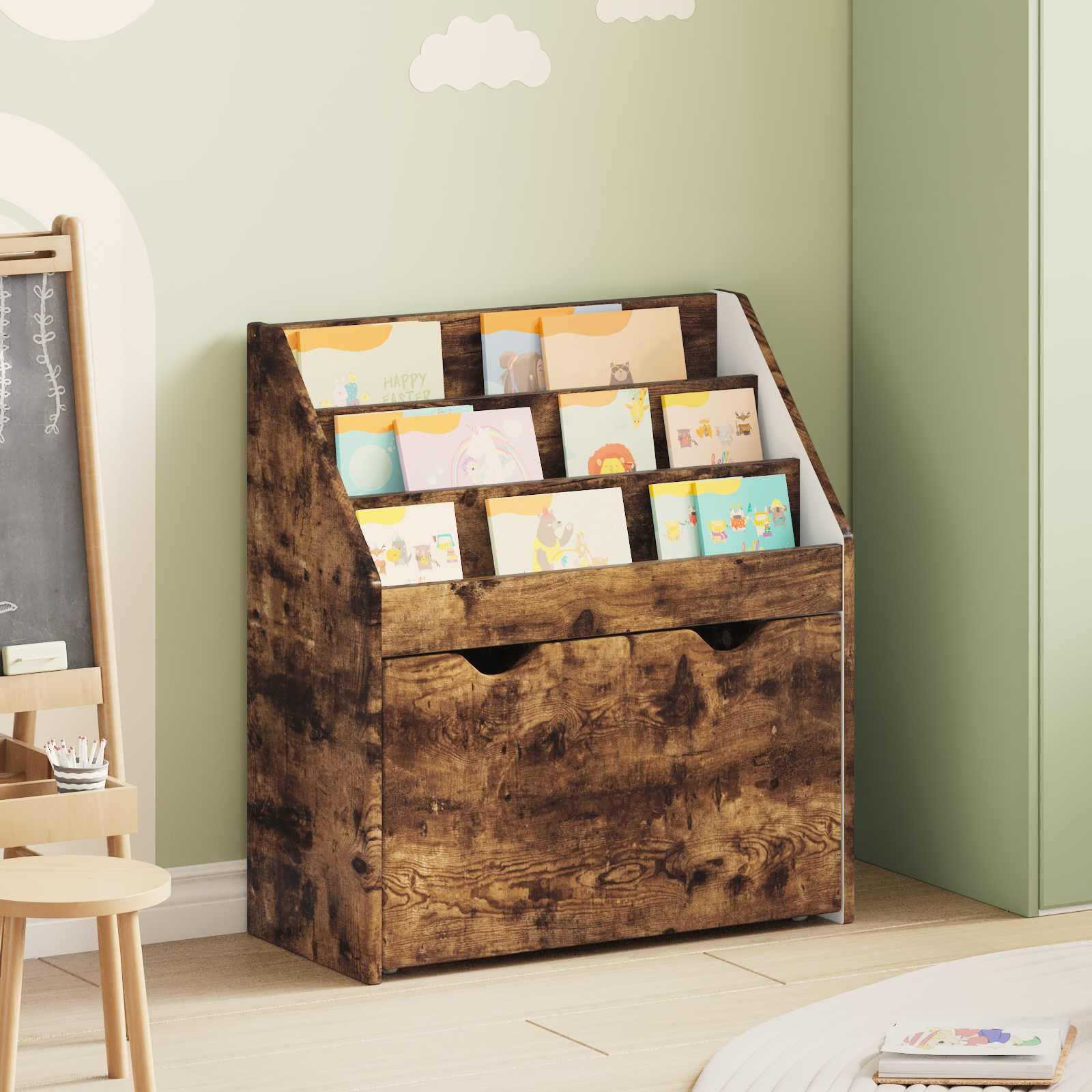 Børnebogreol Røget eg 60 x 29,5 x 69 cm Konstrueret træ billede