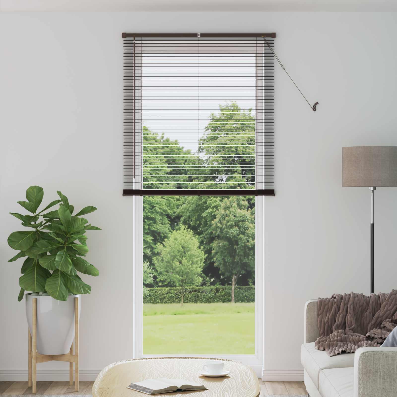 Persienne i PVC, mørk brun med mønster - 213 × 70 cm, 25 mm lameller billede