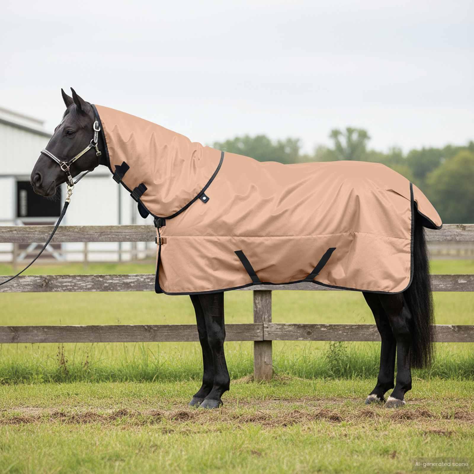 Hestetæppe cappuccino 155 cm - vandtæt polyester med hals billede