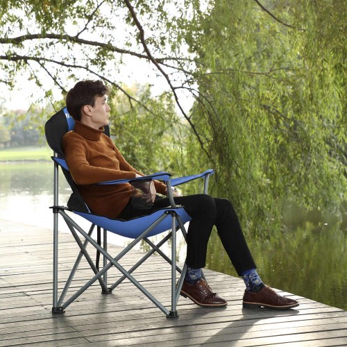 Sammenklappelig campingstol med blød polstring, kopholder og kraftig konstruktion – blå