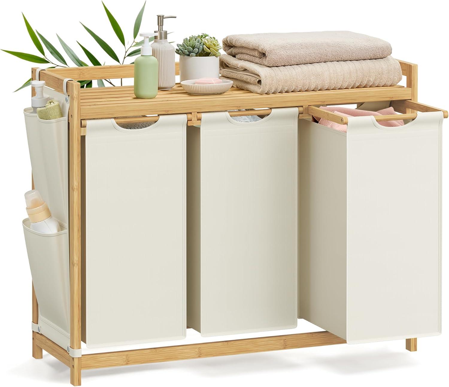 Vasketøjssorterer med 3 rum, hylde og sidelommer - 150 l, cremehvid (94 × 33 × 78 cm)