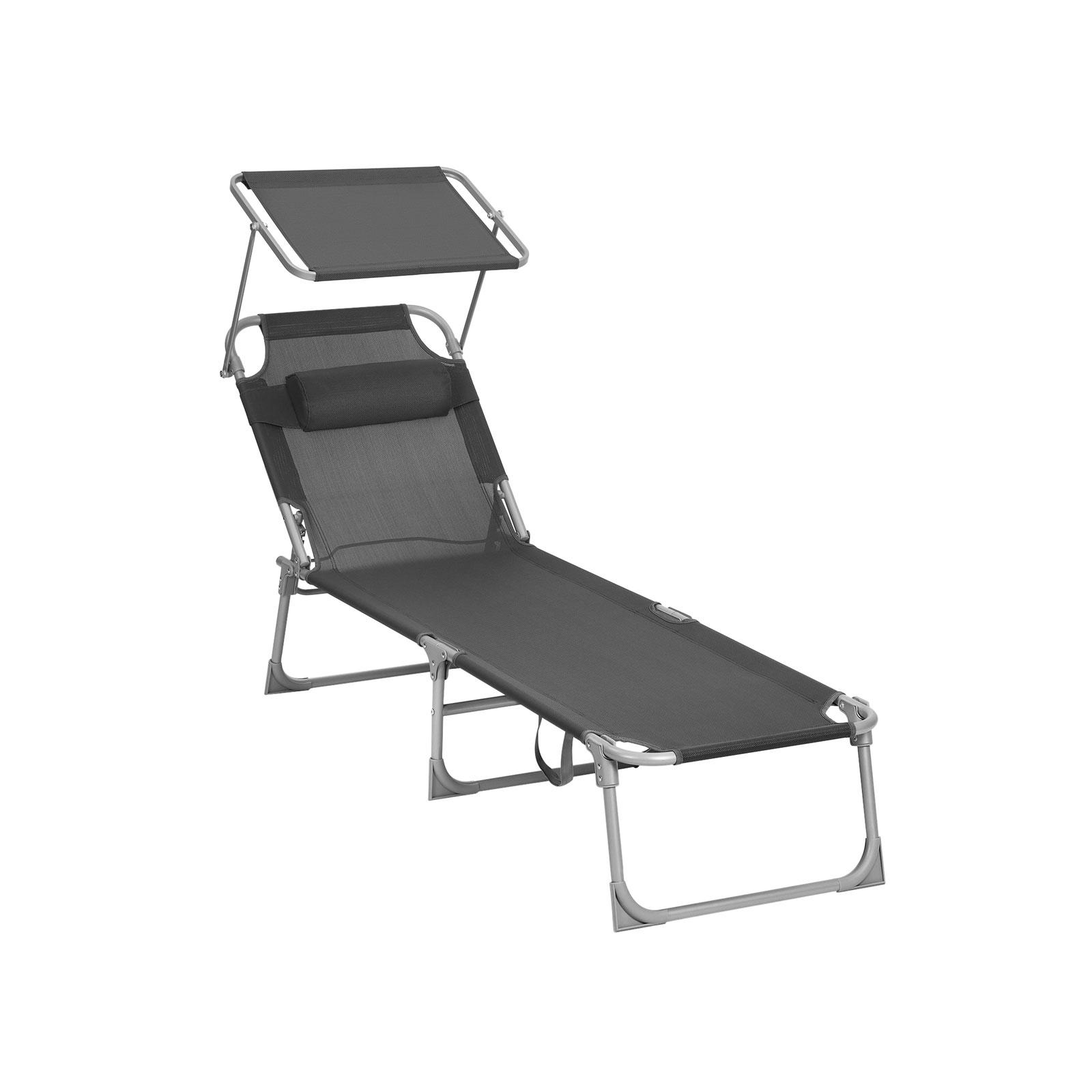 Solseng med ryglæn, nakkepude og solskærm - foldbar, letvægt, mørkegrå 53 × 193 × 29,5 cm, 150 kg