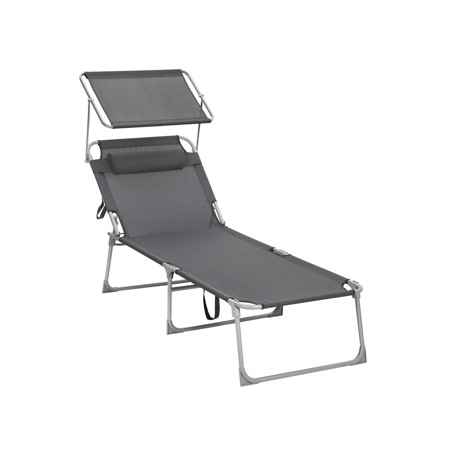 Solseng med ryglæn og solskærm - foldbar liggestol 71 × 200 × 38 cm, 150 kg, røggrå