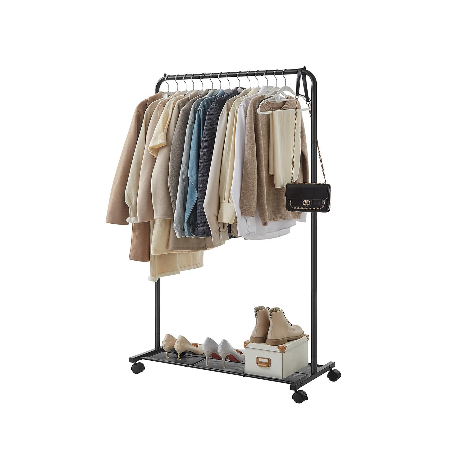 Tøjstativ på hjul med hylde - enkeltstang, metal, 40 kg - sort (HSR25BK) billede