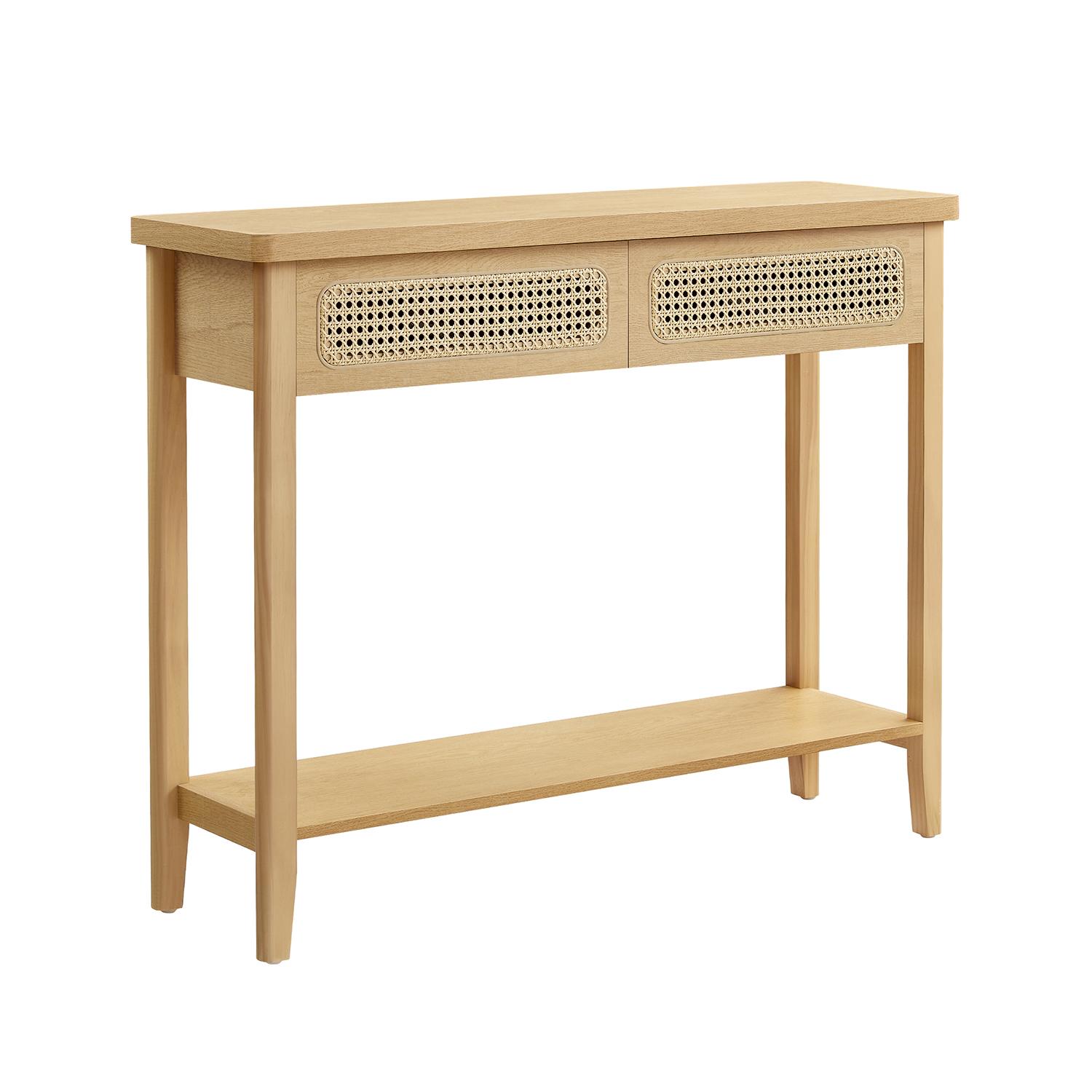 Konsolbord med 2 skuffer og hylde - boho stil, egetræsbeige (100 × 30 × 80 cm) billede