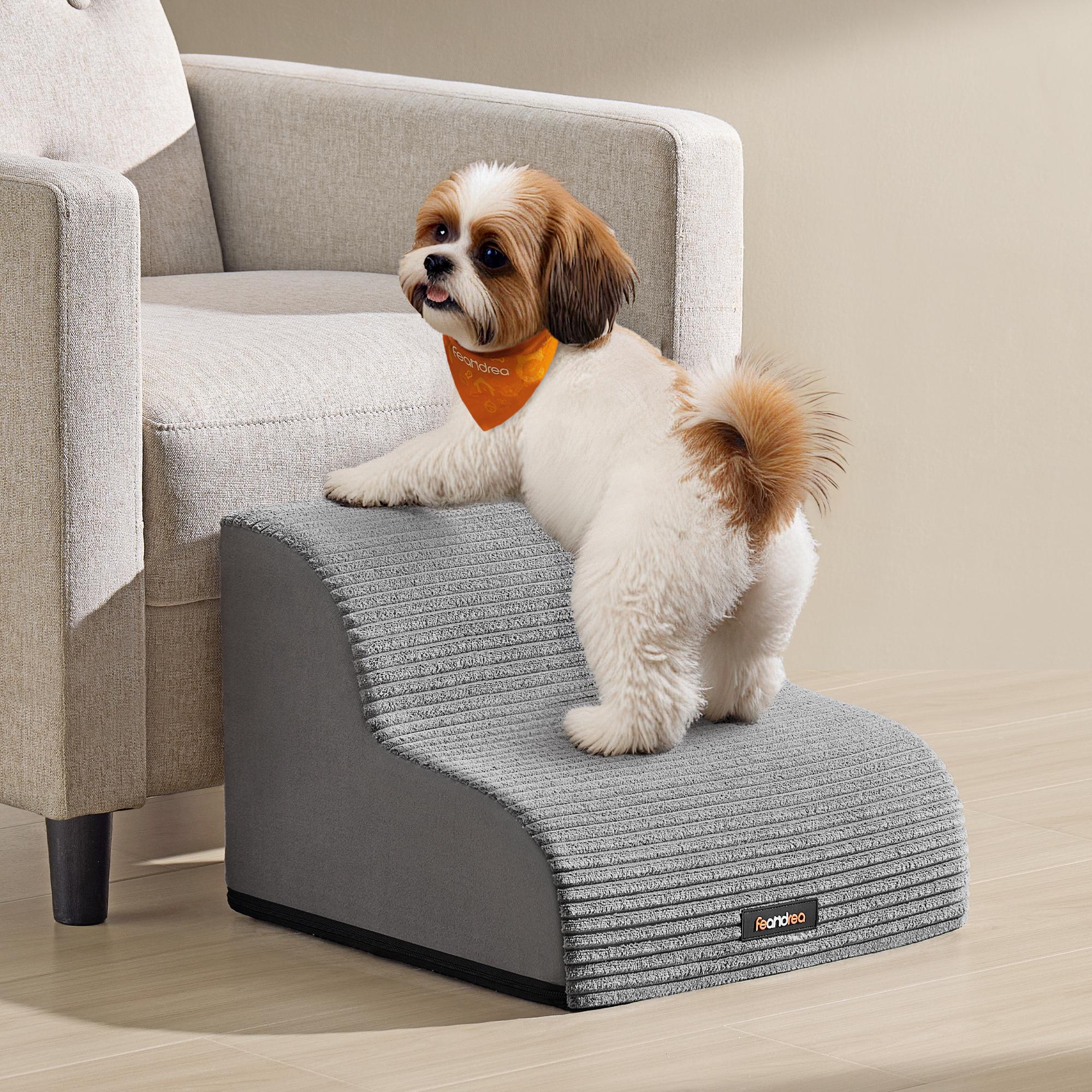 FEANDREA hundetrappe 2-trins – blid rampe til sofa og seng, skridsikker, aftageligt vaskbart betræk, vandtæt foring, håndtag – duegrå (PPS002G01)