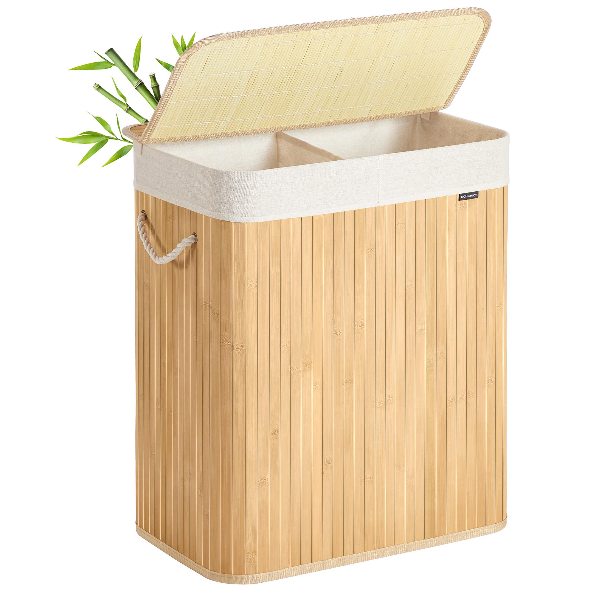 Vasketøjskurv i bambus med låg - 100 l, 2 rum, sammenklappelig med aftagelig vaskbar stofpose, natur (LCB074Y01)