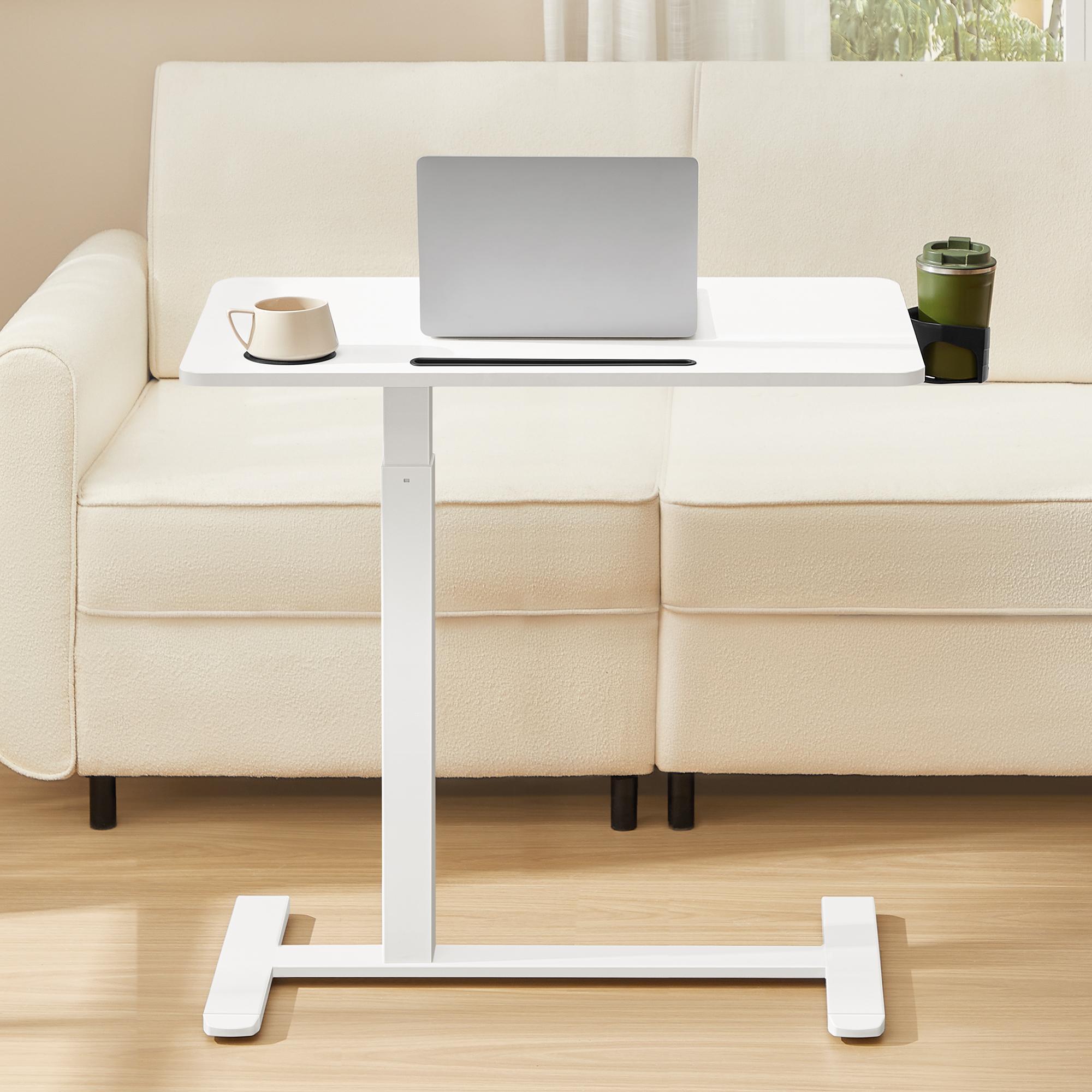 Højdejusterbart overbed-bord på hjul - mobilt stående skrivebord, 80 × 45 cm, 2 kopholdere, telefon-/tablet-rille - Cloud hvid