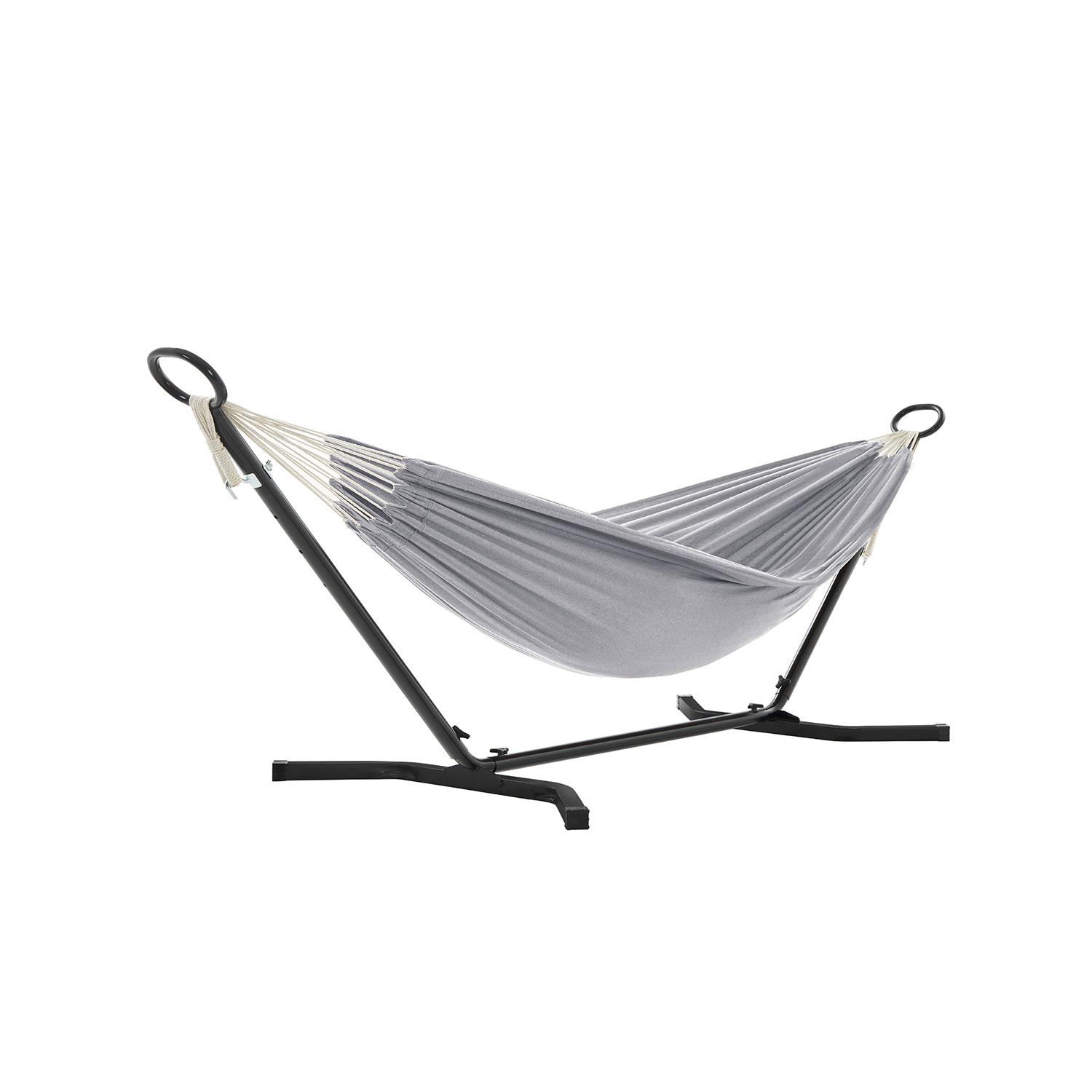 Hængekøje med stativ 210 × 150 cm - 5 højder, metalstativ, kapacitet 240 kg, sort stativ/grå hængekøje