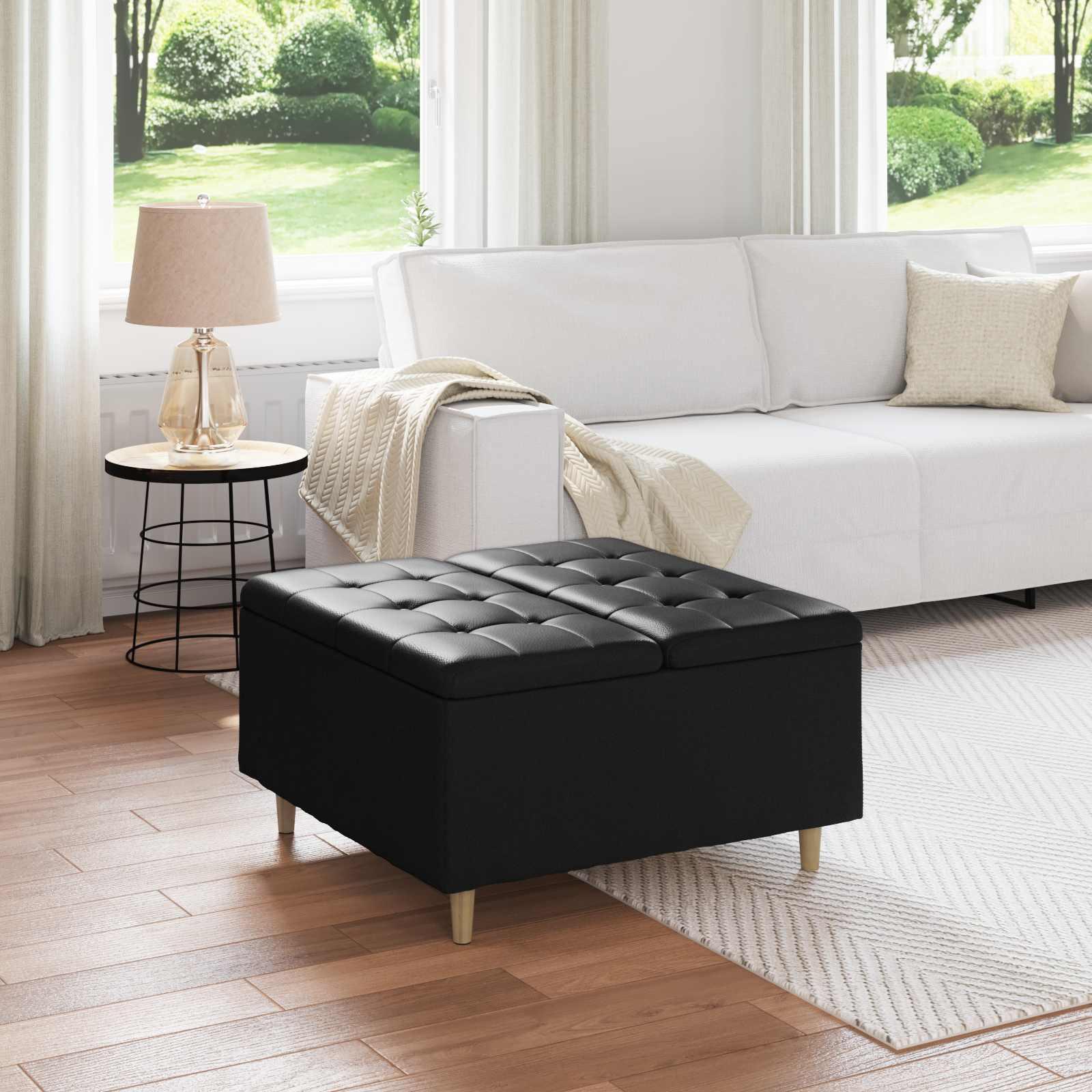 Knapstol med pude Sort 80 x 80 x 45 cm Kunstlæder billede