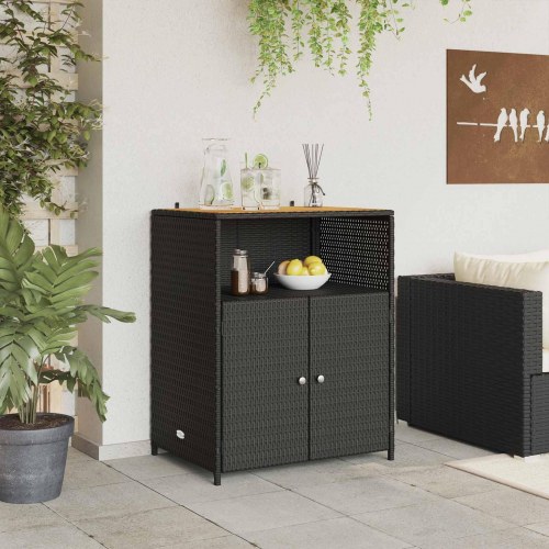 Skab med hylde i sort polyrattan og akacietop - 70 × 50 × 87 cm